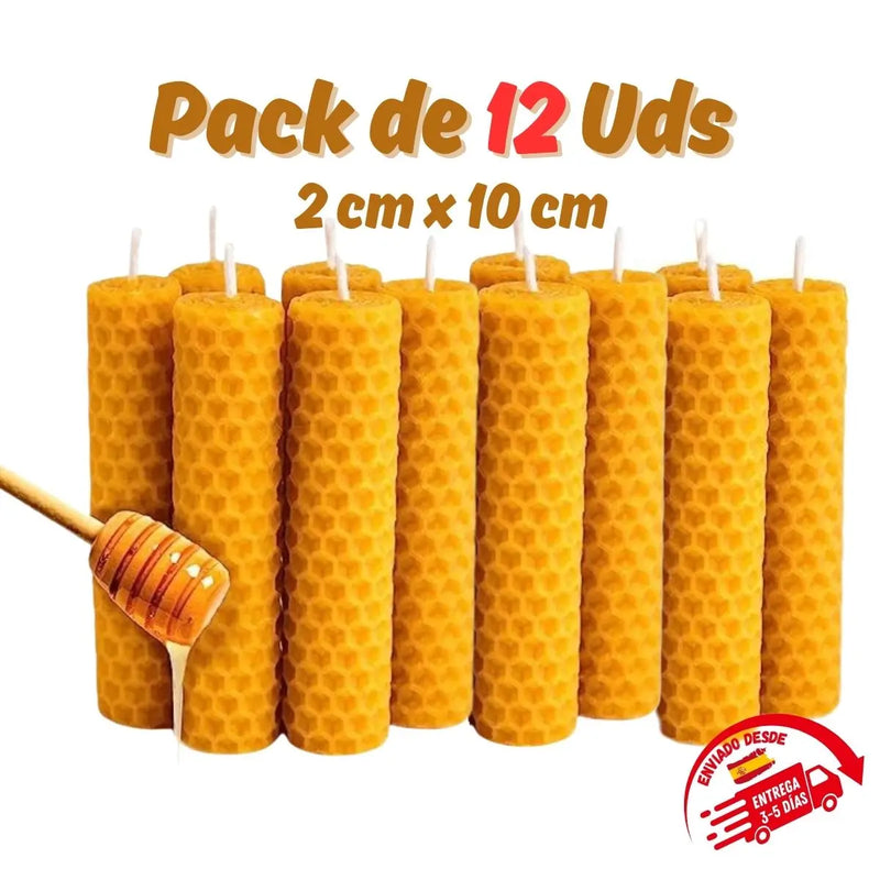 12 Pack Beeswax Candles, Natural 100% Honey Candle-Handmade Handmade by Spanish Beekeepers-Ideal for Meditation and Relaxation National Product