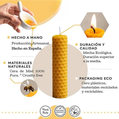 12 Pack Beeswax Candles, Natural 100% Honey Candle-Handmade Handmade by Spanish Beekeepers-Ideal for Meditation and Relaxation National Product