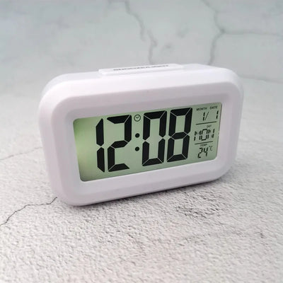 Battery Powered Mini Digital Alarm Clock Temperature Date Week Backlight Snooze Mute Table Clock 12/24H Countdown LCD Clock