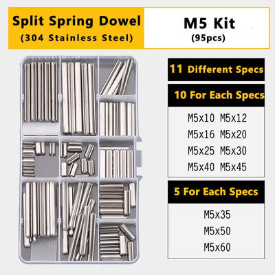 Split Spring Dowel Tension Roll Pin, Cylindrical Dowel Pin Split Pins Clip Cotter Pin Split Spring Pin  Combination Set/Kit