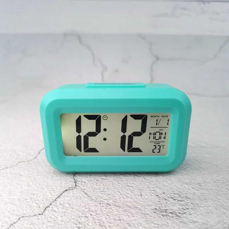 Battery Powered Mini Digital Alarm Clock Temperature Date Week Backlight Snooze Mute Table Clock 12/24H Countdown LCD Clock