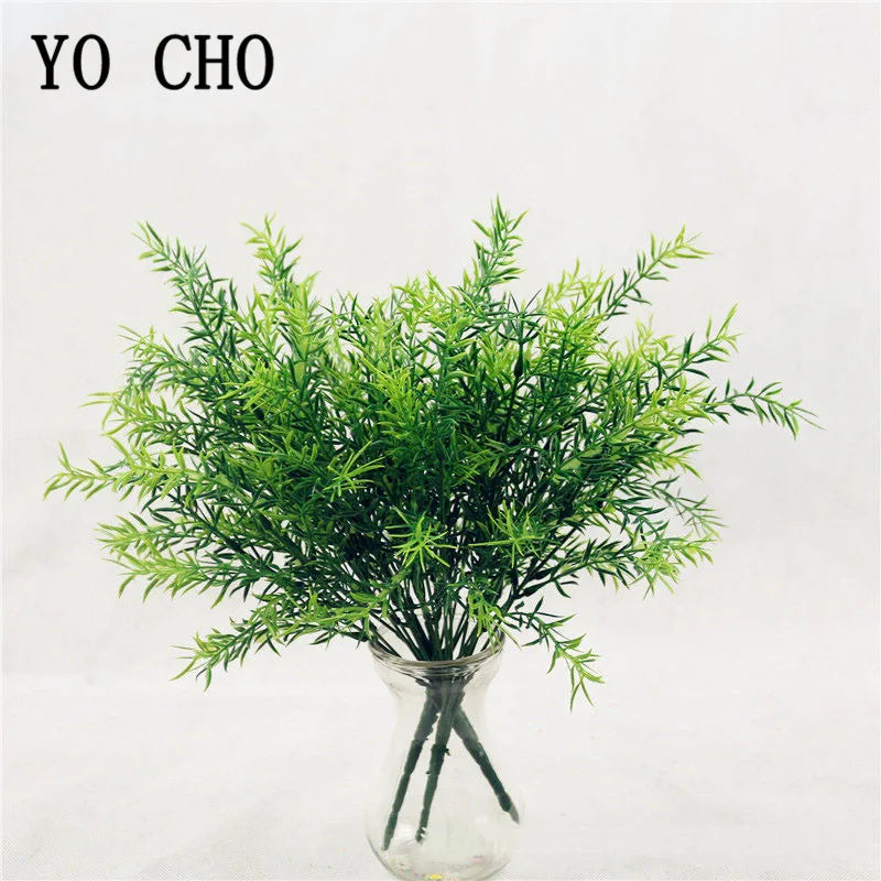 YO CHO Artificial Plants Plastic Twigs Green Grass Fake Plants Twigs Leaves Grass Flower Arrangement Wedding Party Home Decor