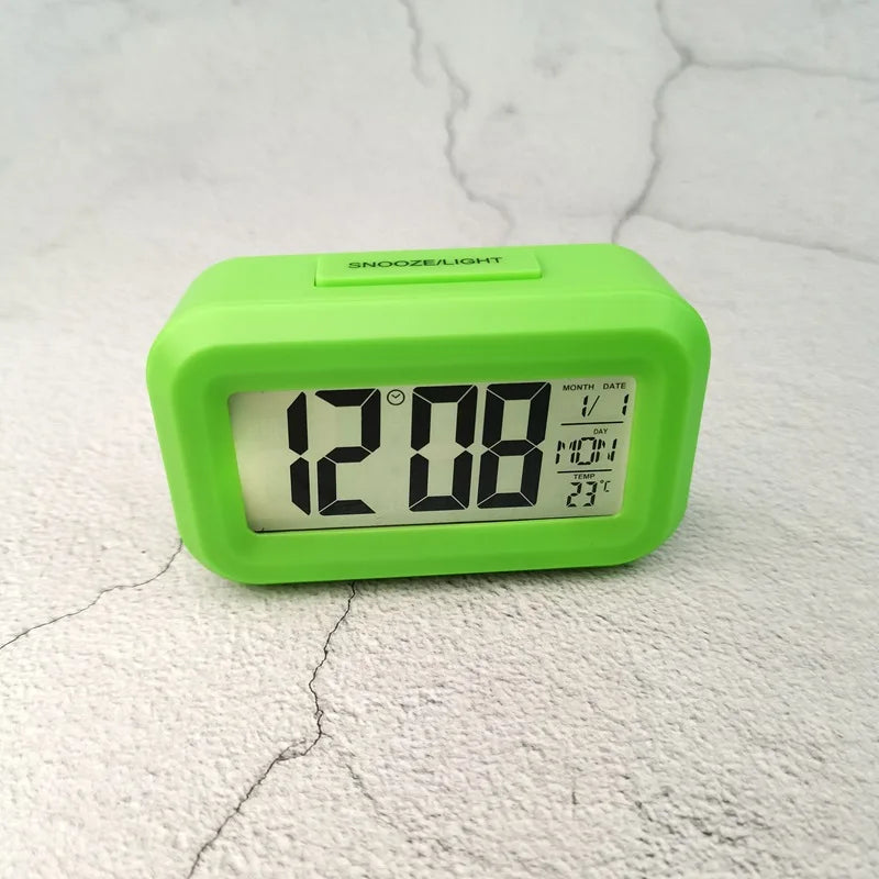 Battery Powered Mini Digital Alarm Clock Temperature Date Week Backlight Snooze Mute Table Clock 12/24H Countdown LCD Clock