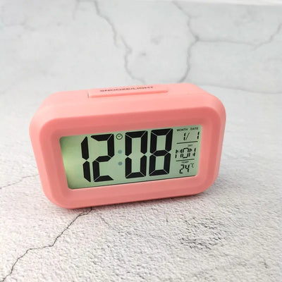 Battery Powered Mini Digital Alarm Clock Temperature Date Week Backlight Snooze Mute Table Clock 12/24H Countdown LCD Clock