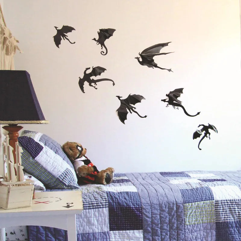 7Pcs/Set Fantasy Halloween Fun Wall Sticker For Kids Rooms Decor Dinosaurs Boys Gift 3D Dragon Wall Art Dragon Silhouettes