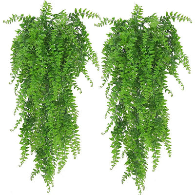 2PCS Artificial Rattan Fake Hanging Boston Fern Plant Faux Greenery Plastic Vine Outdoor Garden Basket Grass Wedding Party Decor