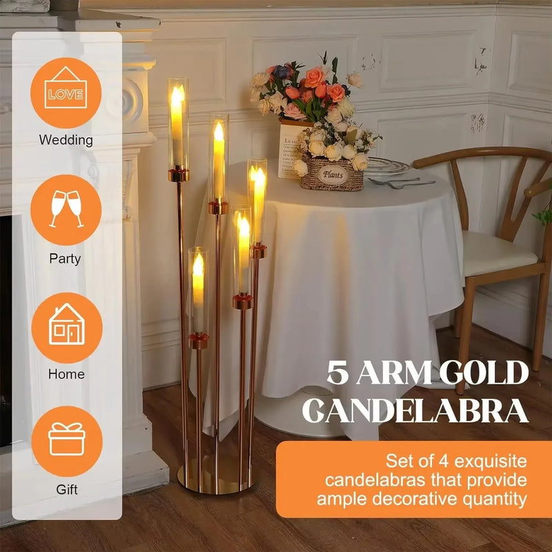 2-20pc 5 Heads Metal Candelabra Candle Holders Road Lead Table Centerpiece Gold Candelabrum Stand Pillar Candlestick wedding