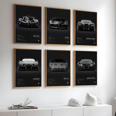 Black Cool Sports Famous Supercar B-Bugatti V-Veyron CHIRON DIVO BOLIDE Poster Home living room Wall Art Garage Room Decor