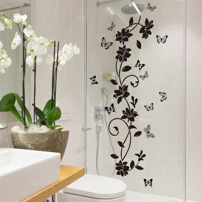 90*30CM Black Floral Butterfly Wall Sticker For Bathroom Door Sticker Bathtub Bedroom Background Self-Adhesive