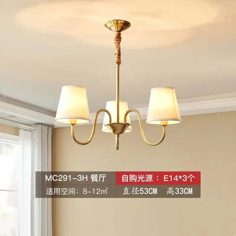 American Copper Led Chandelier Ceiling Lamp Living Dining Room Kitchen Hanging Light Luxury Fabric Home Decor Pendant Lighting