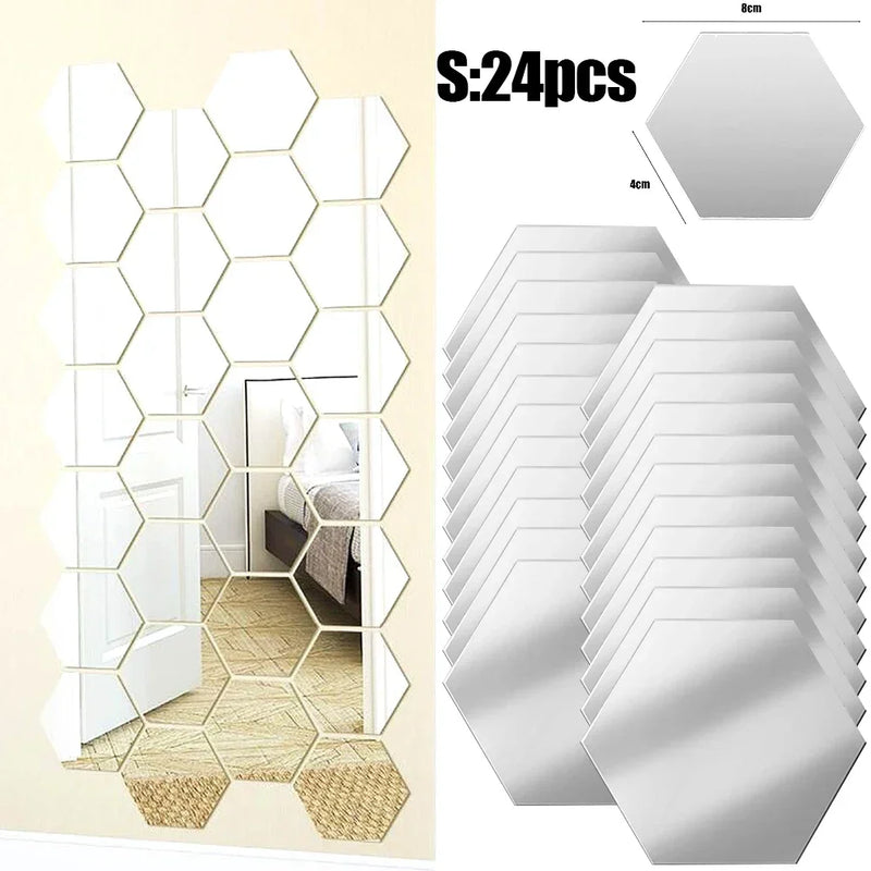 Lots Hexagonal Acrylic Mirror Wall Sticker Mini Mirror Solid Paster Self-adhesive Gold Silver Decals Home Bedroom Art Decoration