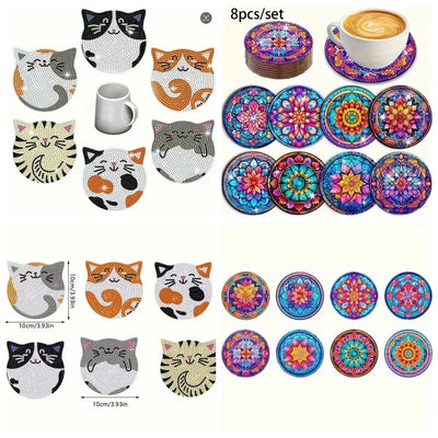 6-8pcs/Set DIY Cats Diamond Painting Coasters for Drinks Anti Slip Wood Coasters with No Holder Mandala Diamond Painting Coaster