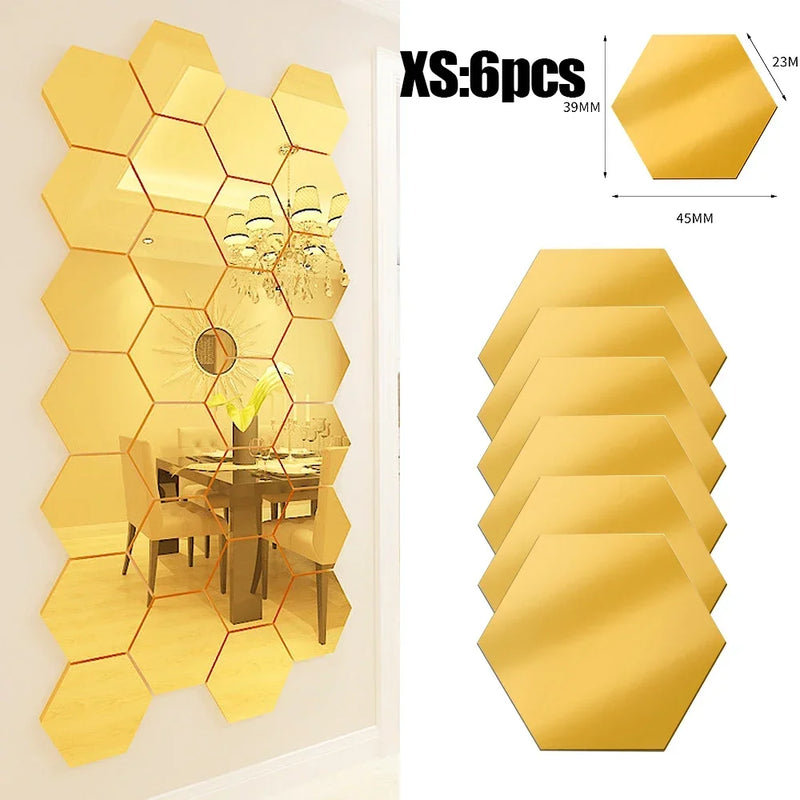 Lots Hexagonal Acrylic Mirror Wall Sticker Mini Mirror Solid Paster Self-adhesive Gold Silver Decals Home Bedroom Art Decoration