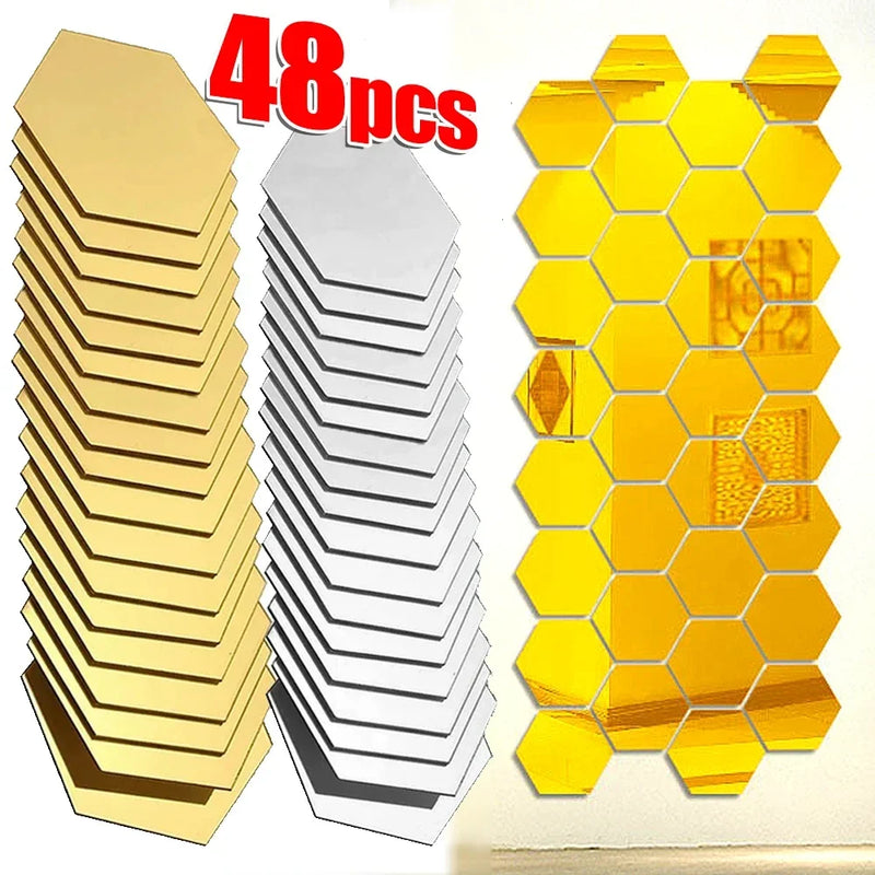 Lots Hexagonal Acrylic Mirror Wall Sticker Mini Mirror Solid Paster Self-adhesive Gold Silver Decals Home Bedroom Art Decoration