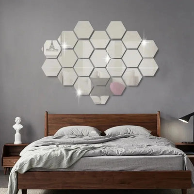 12pcs Hexagon Mirror Wall Stickers Self Adhesive Removable Wall Sticker Gold Silver Mosaic Tiles Decals Bedroom Home Decor