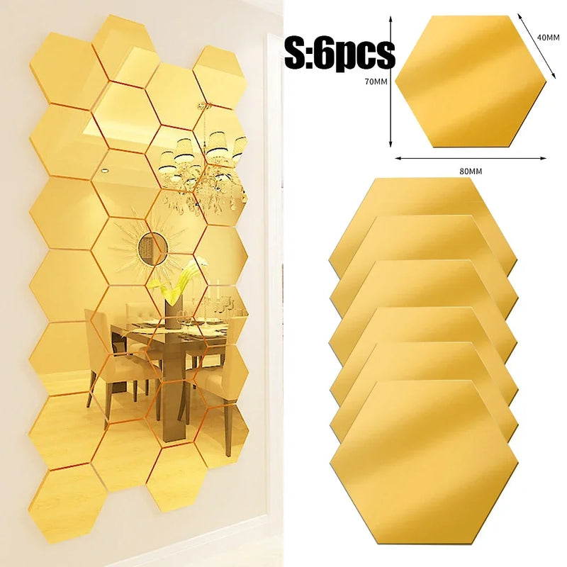 Lots Hexagonal Acrylic Mirror Wall Sticker Mini Mirror Solid Paster Self-adhesive Gold Silver Decals Home Bedroom Art Decoration