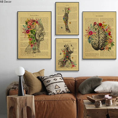 Human Heart/Lungs/Thorax/Cerebrum Anatomy with Flower and Description Posters Prints Retro Home Medical Decor Art Wall Painting