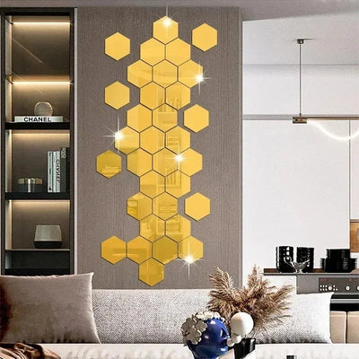 12pcs Hexagon Mirror Wall Stickers Self Adhesive Removable Wall Sticker Gold Silver Mosaic Tiles Decals Bedroom Home Decor