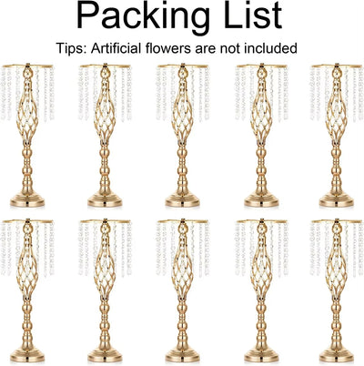 10pcs Gold Silver Vases for Wedding Centerpiece Table Decorations with Crystal Strings, Wedding Metal Flower Stands