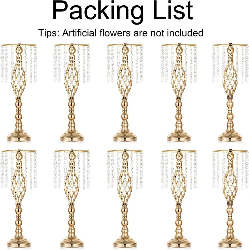 10pcs Gold Silver Vases for Wedding Centerpiece Table Decorations with Crystal Strings, Wedding Metal Flower Stands