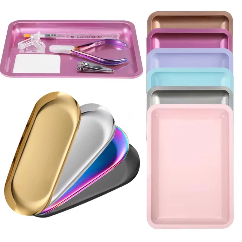 Stainless Steel Cosmetic Storage Tray Manicure Nail Art Plate Tweezers Clippers Pen Container Square False Nails Dish Tools