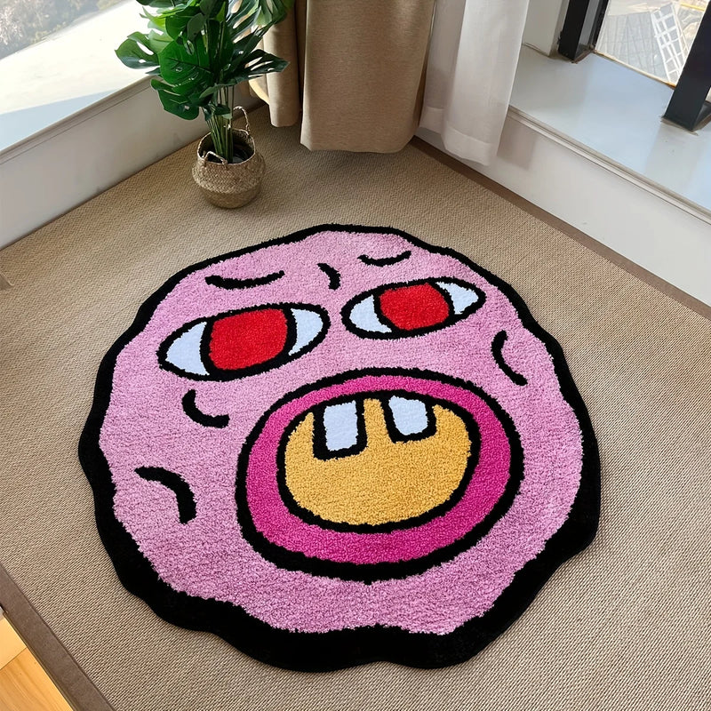 Cherry Bomb Pink Handmade Tufted Rug | Kawaii Room Decor | Small Bedroom Rug | Cartoon Circle Punch Needle Carpet