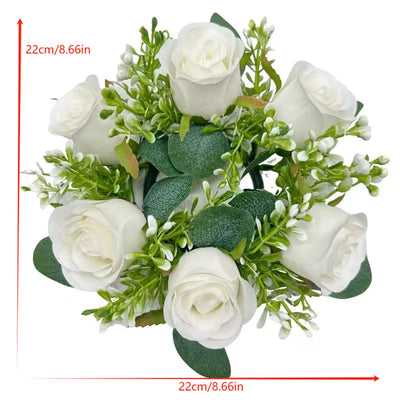 Wedding Party Decoration Candle Holders, Three 6-Head Fake Rose Garlands, Three Ivory White Electronic Candles