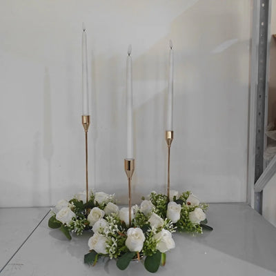 Wedding Party Decoration Candle Holders, Three 6-Head Fake Rose Garlands, Three Ivory White Electronic Candles