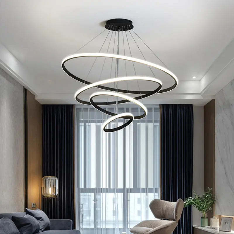 Modern Pendant Lamp Led Rings Circle Ceiling Hanging Chandelier Black Loft Living Dining Room Kitchen Indoor Lighting Fixture