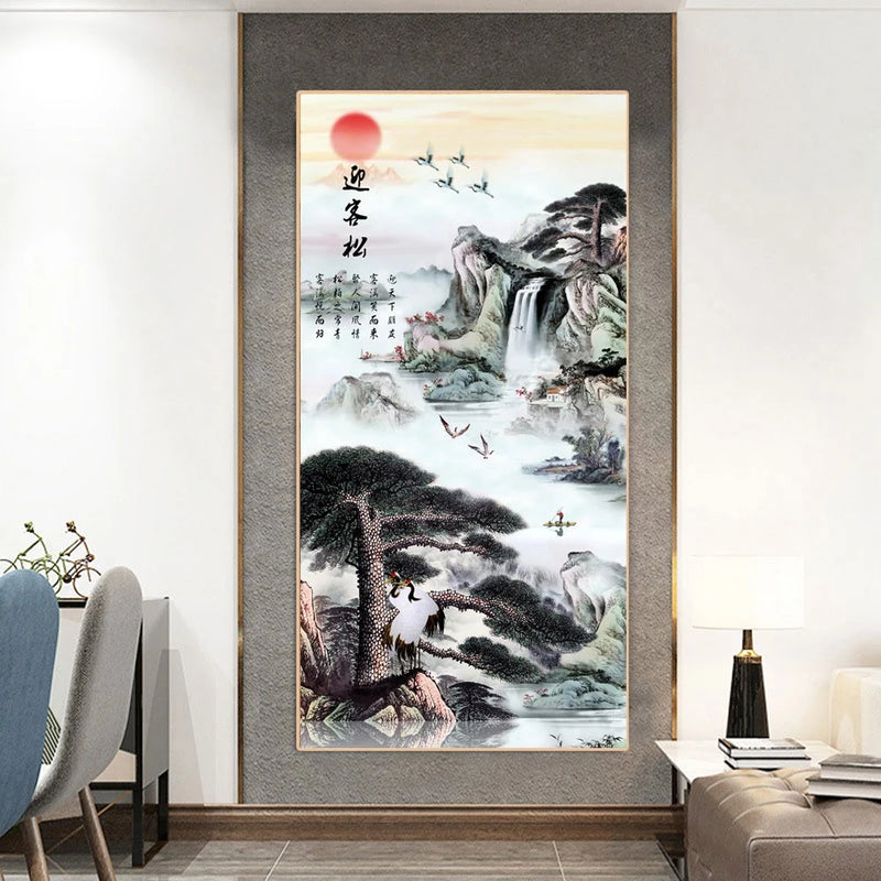 Chinese Ink Style Pine Tree Alpine Flow Water Wall Art Poster Living Room Corridor Office Decor Canvas Painting Print Mural Gift