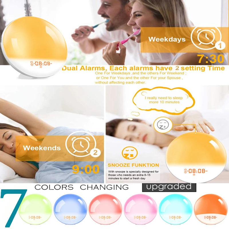 Wake Up Light Alarm Clock with Sunrise/Sunset Simulation Dual Alarms FM Radio Nightlight 7 Colors Natural Sounds Snooze