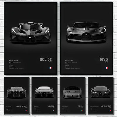 Black Cool Sports Famous Supercar B-Bugatti V-Veyron CHIRON DIVO BOLIDE Poster Home living room Wall Art Garage Room Decor