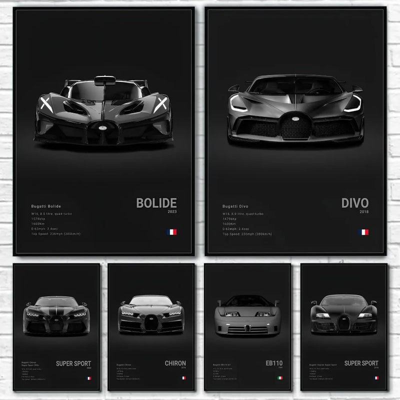 Black Cool Sports Famous Supercar B-Bugatti V-Veyron CHIRON DIVO BOLIDE Poster Home living room Wall Art Garage Room Decor