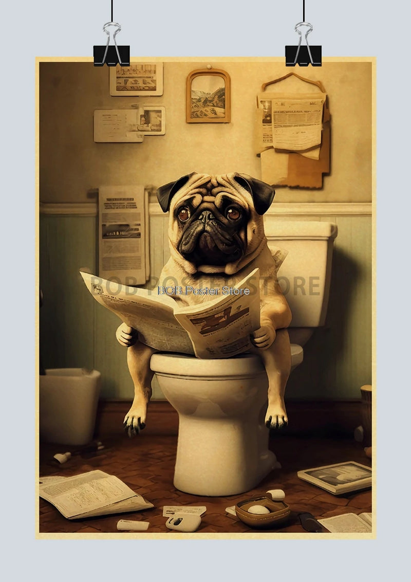 Animal Bathroom Toilet Funny Poster Kraft Paper Cat Dog Frog Art Home Decor Picture DIY Toilet Room Painting Wall Sticker Gift