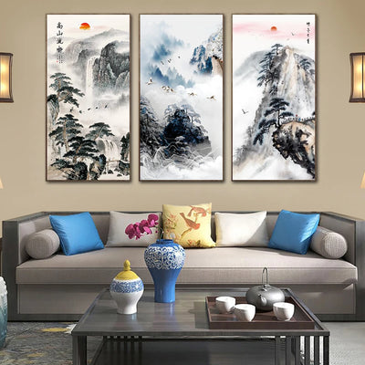 Chinese Ink Style Pine Tree Alpine Flow Water Wall Art Poster Living Room Corridor Office Decor Canvas Painting Print Mural Gift