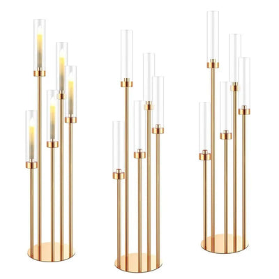 10pcs 5/8 Heads Metal Candelabra Candle Holders Road Lead Table Centerpiece Gold Candelabrum Stand Pillar Candlestick wedding