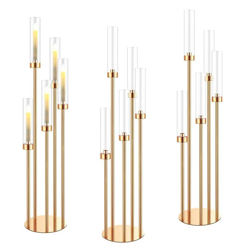 10pcs 5/8 Heads Metal Candelabra Candle Holders Road Lead Table Centerpiece Gold Candelabrum Stand Pillar Candlestick wedding