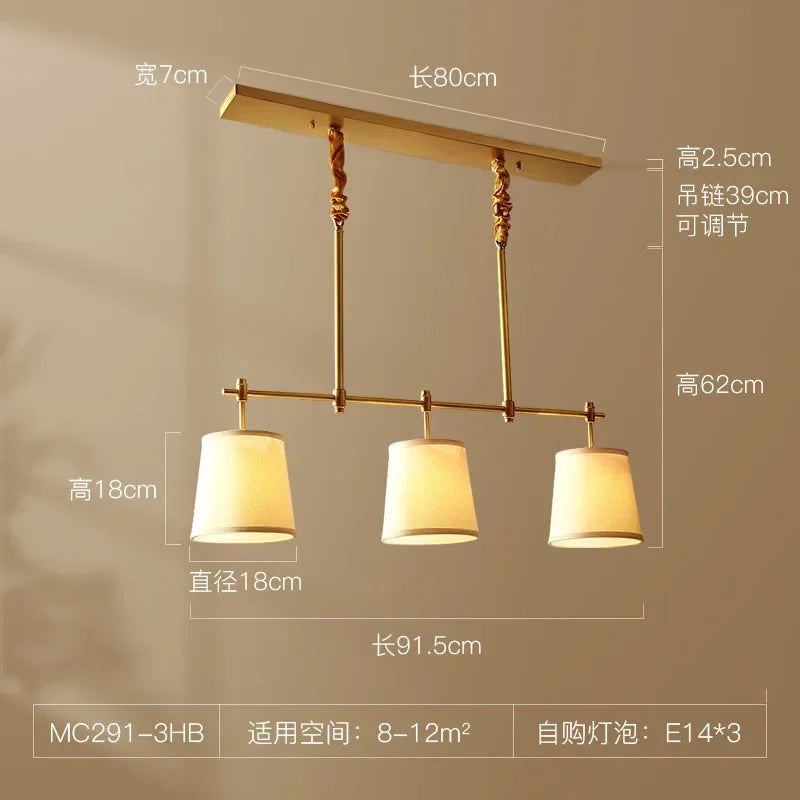 American Copper Led Chandelier Ceiling Lamp Living Dining Room Kitchen Hanging Light Luxury Fabric Home Decor Pendant Lighting