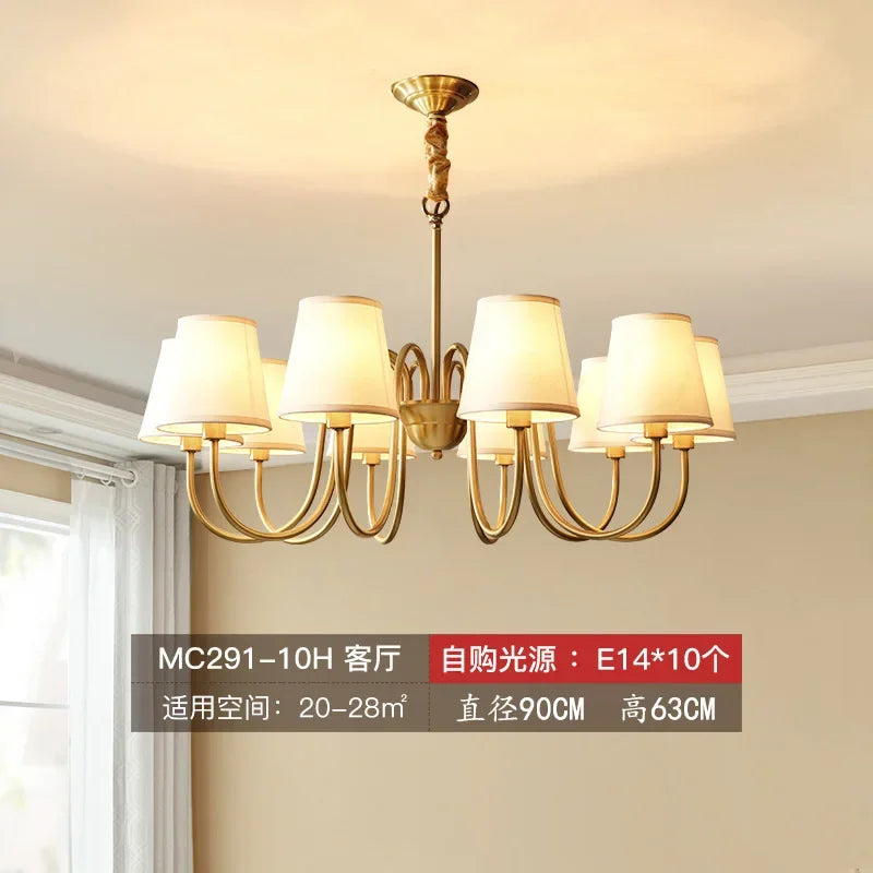 American Copper Led Chandelier Ceiling Lamp Living Dining Room Kitchen Hanging Light Luxury Fabric Home Decor Pendant Lighting