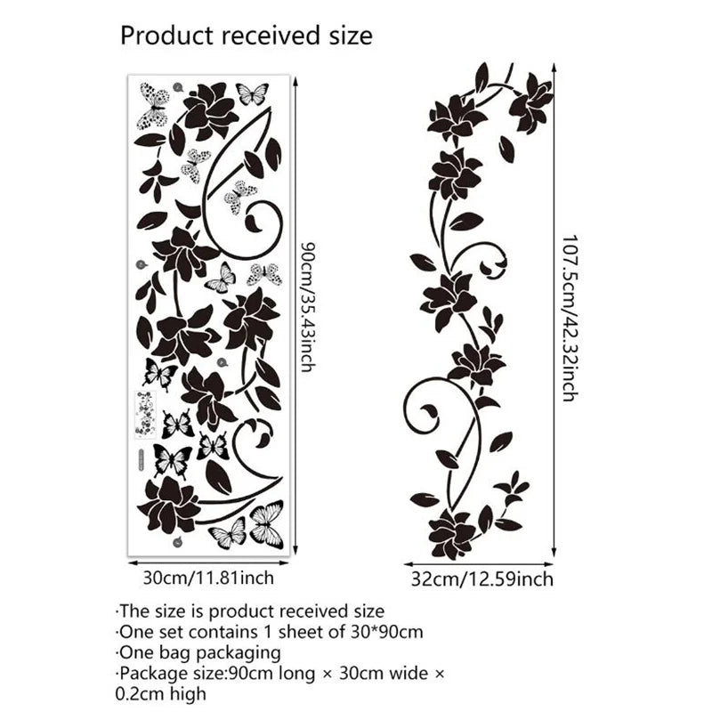 90*30CM Black Floral Butterfly Wall Sticker For Bathroom Door Sticker Bathtub Bedroom Background Self-Adhesive