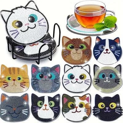 10pcs Diamond Painting Coasters Set, DIY Cartoon Cat Pattern Round Coasters 10x10cm/3.93x3.93in