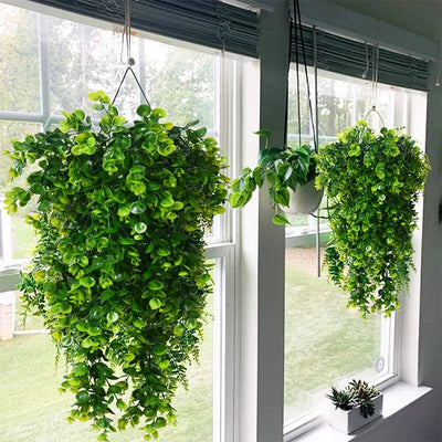 2PCS 80cm Artificial Hanging Plants Fake Hanging Plant Faux Eucalyptus Leaf Greenery Vine Outdoor UV Resistant Plastic Plants