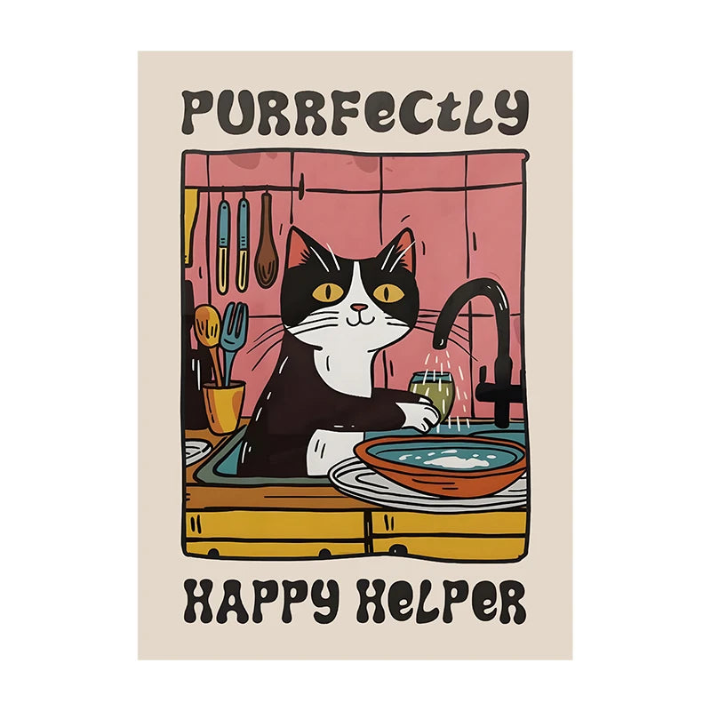 Retro Kitchen Canvas Poster Cat Chef Art Print Dishes Wall Art Pictures for Bedroom Kitchen Home Decoration Gift Idea