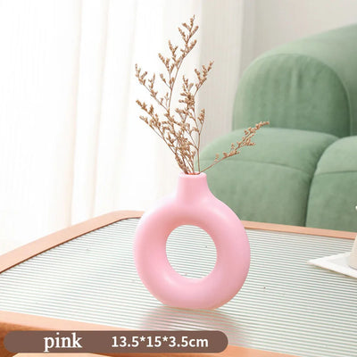 1Pcs Plastic Flat Minimalist Vase Wedding Decoration Donut Shape Flower Vase Oval Hollow Black Vases Fashion Home Living Room