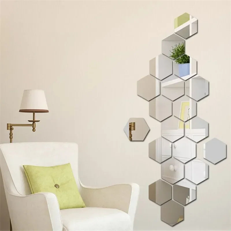 Lots Hexagonal Acrylic Mirror Wall Sticker Mini Mirror Solid Paster Self-adhesive Gold Silver Decals Home Bedroom Art Decoration