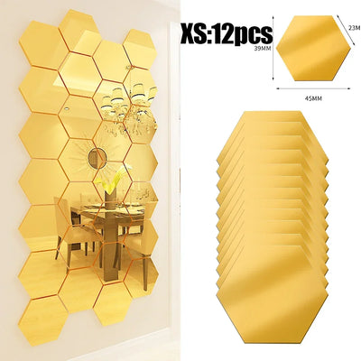 Lots Hexagonal Acrylic Mirror Wall Sticker Mini Mirror Solid Paster Self-adhesive Gold Silver Decals Home Bedroom Art Decoration