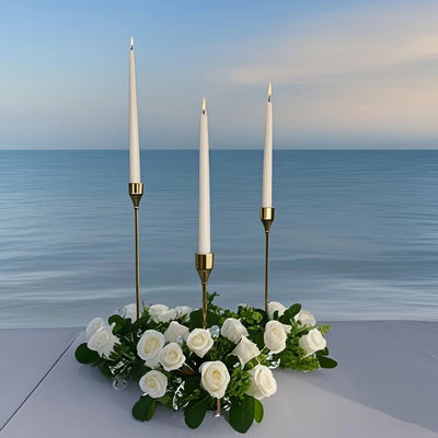 Wedding Party Decoration Candle Holders, Three 6-Head Fake Rose Garlands, Three Ivory White Electronic Candles