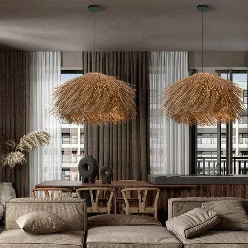 Hand Woven Rattan Hanging Lamp for Ceiling Shop Bar Grass Pendant Lights Japan Living Room Chandelier Loft Room Decor Lustre LED