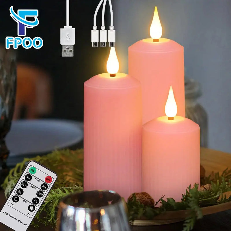 FPOO Rechargeable Candles By USB With Flickering Flame Remote Control Waterproof Led Candle Pink Wedding Decoration Candle Light