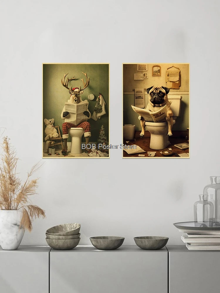 Animal Bathroom Toilet Funny Poster Kraft Paper Cat Dog Frog Art Home Decor Picture DIY Toilet Room Painting Wall Sticker Gift